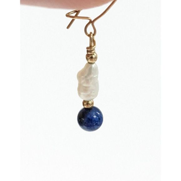 Baroque Pearl Lapis Lazuli Gold Tone Kidney Wire Dangle Earrings Elegant Dainty - Picture 5 of 11